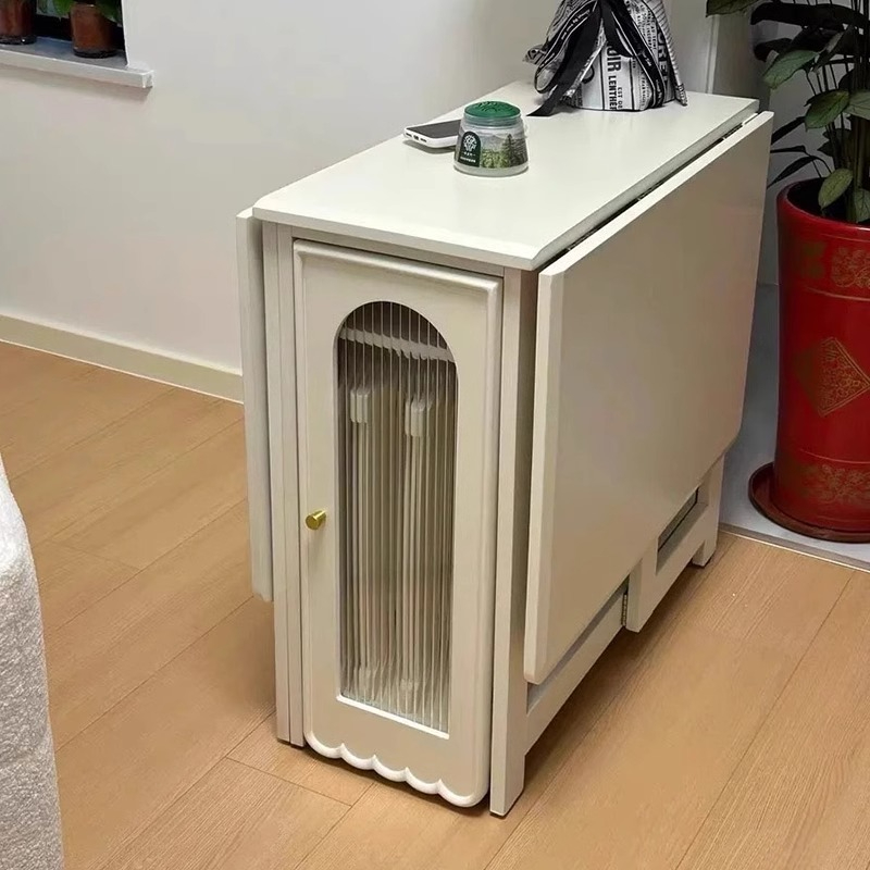 Full solid wood folding dining table, small unit, cream style, extendable rectangular dining table, multifunctional storage folding table-Smart-Living