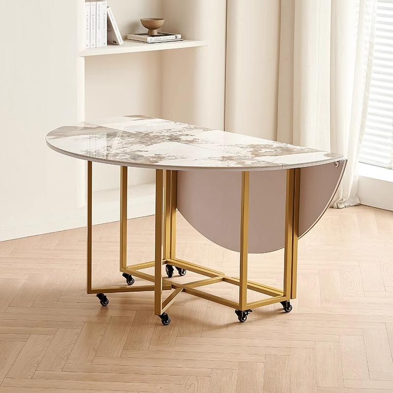 Small household foldable dining table, circular dining table, simple and storable dining table and chair combination, light luxury rock board round table-Smart-Living