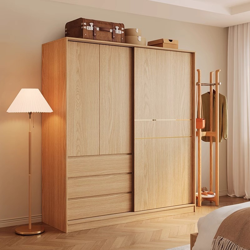 [Pre-order] Nordic sliding door wardrobe, bedroom, simple and small-sized household, sliding door, wooden style combination, Japanese style storage wardrobe-Smart-Living