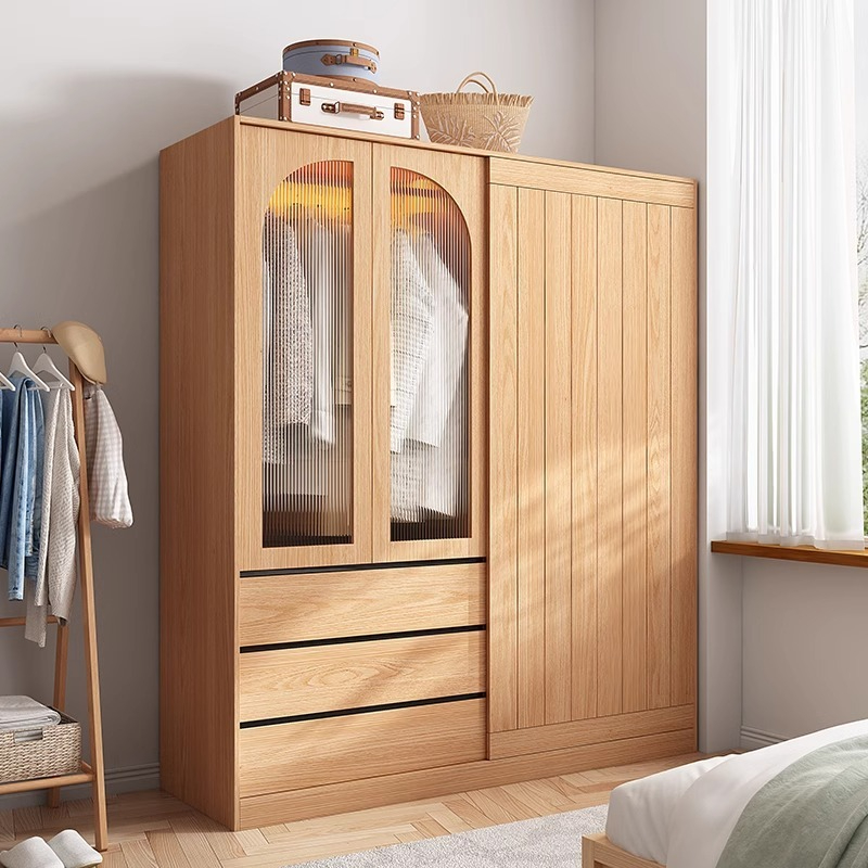 [Pre-order] Wooden color sliding door wardrobe, home bedroom, small apartment, modern simple retro style, sliding door storage cabinet, wardrobe-Smart-Living