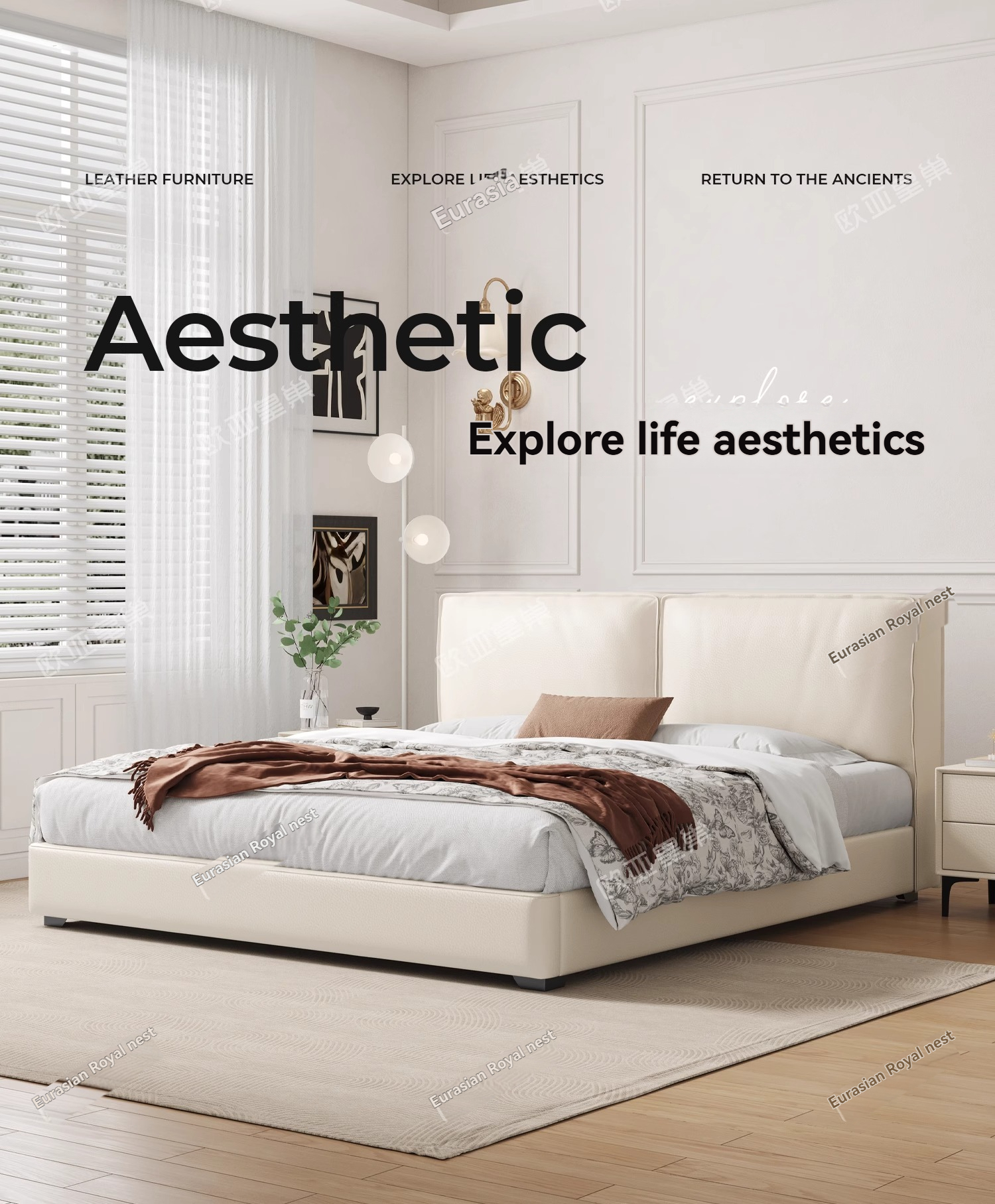 (PRE ORDER / BTO PACKAGE-ZP-SB-014) Eurasia Imperial Tofu Block Bed – Flush-Edge Baxter-Style Upholstered Double Bed, Cream Aesthetic Genuine Leather Bed for Master Bedroom and Compact Spaces