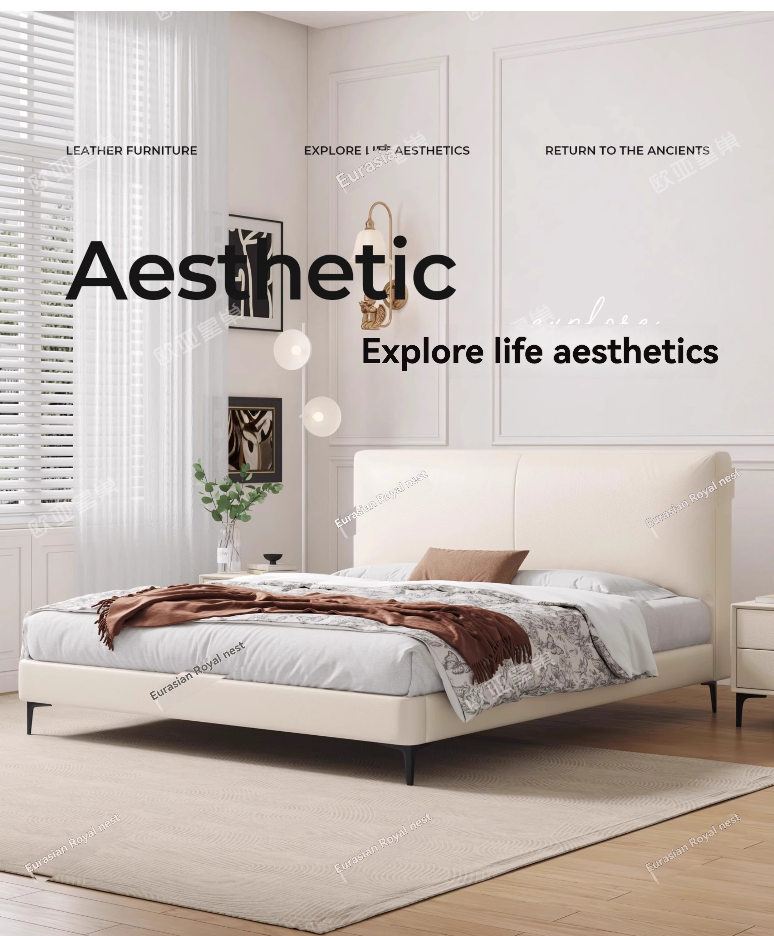 (PRE ORDER / BTO PACKAGE-ZP-SB-020)Ouyahome French Cream Style Genuine Leather Bed – Modern Minimalist "Elephant Ear" Cloud-Inspired Double Bed for Master Bedroom and Wedding