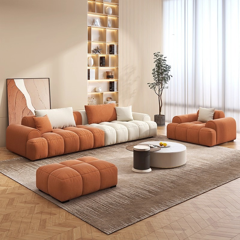 PRE ORDER / BTO PACKAGE - VR - SOFA - FD-168 Cream-style Fabric Sofa - Modern Minimalist Living Room Suede Straight-row Lazy Puff Sofa with Piano Bread Combination