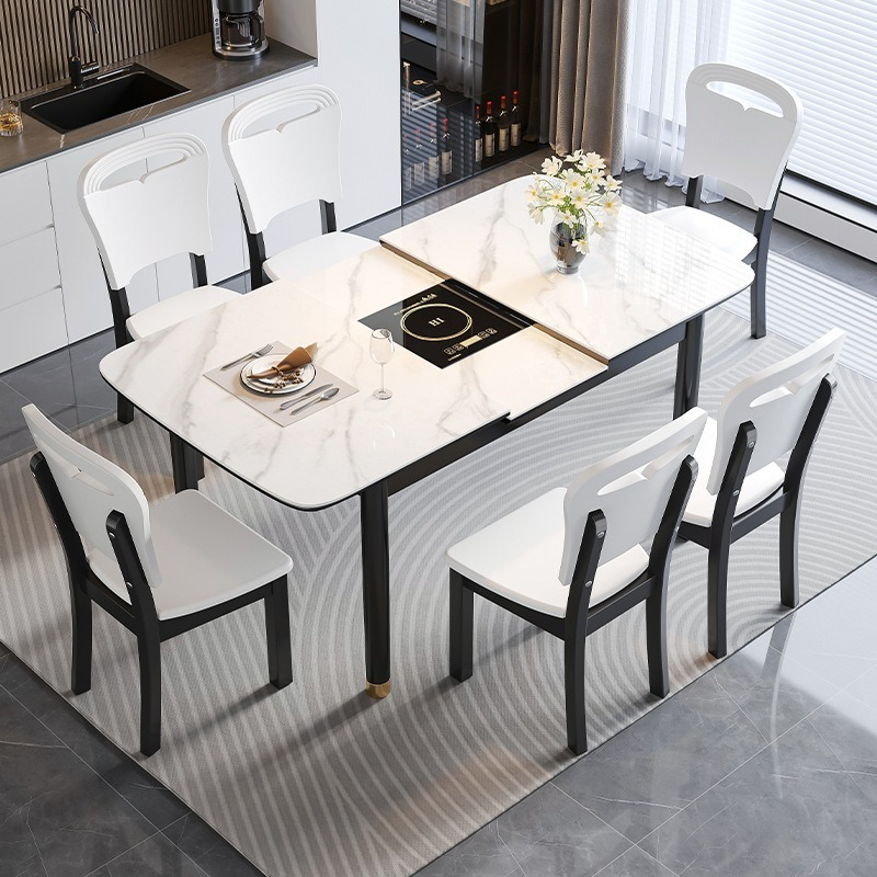 (PRE ORDER / BTO PACKAGE)Modern Foldable Extendable Sintered Stone Dining Table Set with Induction Cooker – Space-Saving Solid Wood Design