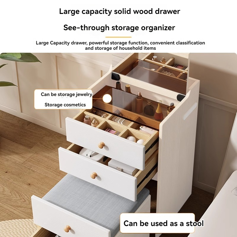 [Pre-order] Smart solid wood dressing table modern simple small apartment bedside cabinet drawer dressing table multifunctional flip storage cabinet-Smart-Living