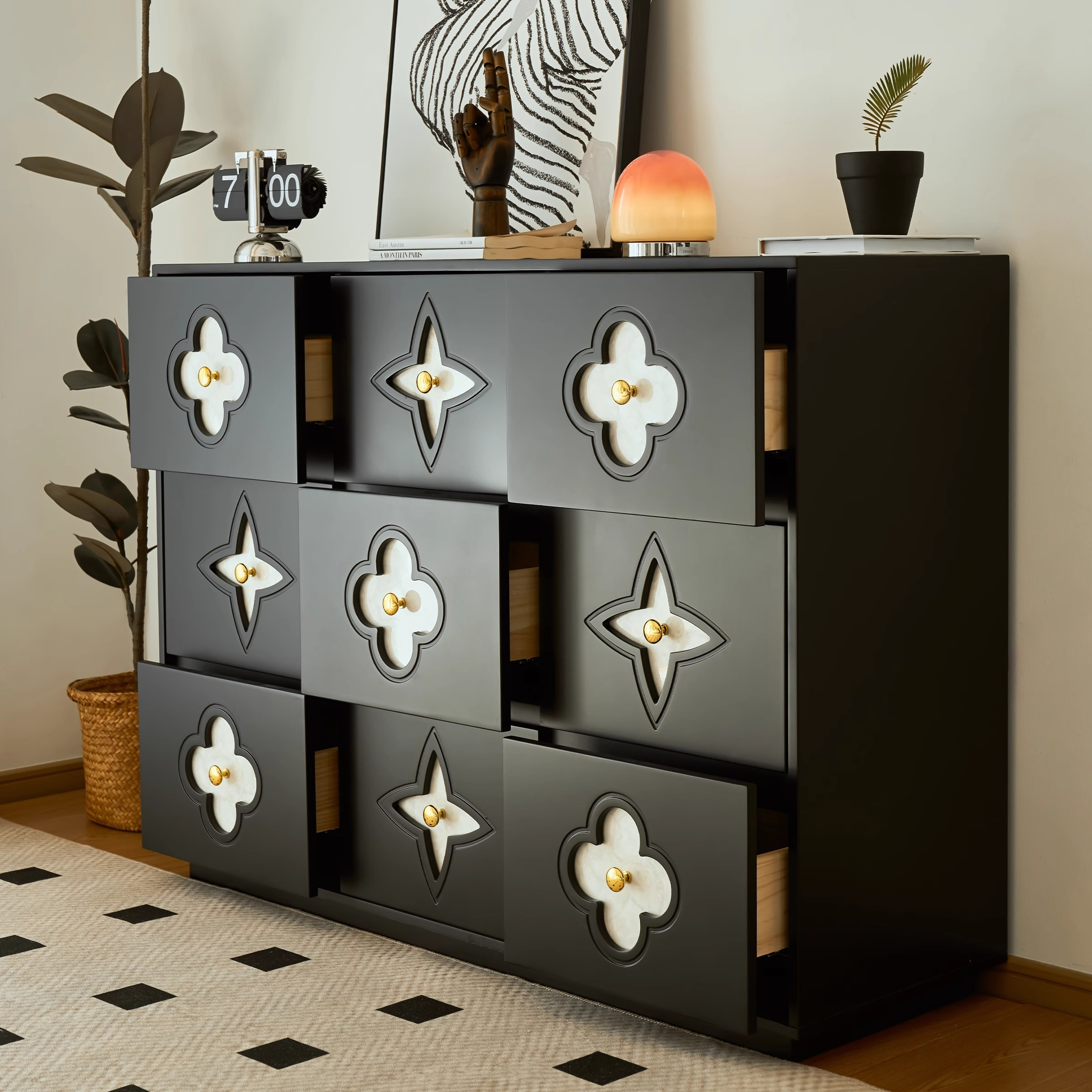 [Pre-order] Black French retro living room entrance cabinet bedroom drawer bedside cabinet storage dining side shell nine drawers-Smart-Living