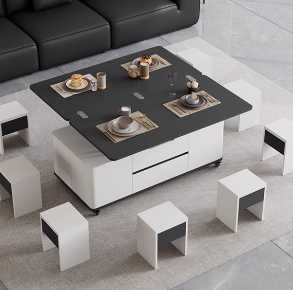 PRE ORDER / BTO PACKAGE - VR - Coffee table -9019# Movable Lift-Top Coffee Dining Table 2-in-1 with Stools – Space-Saving Multi-Functional Furniture for Small Apartments, Made with Stone Panel