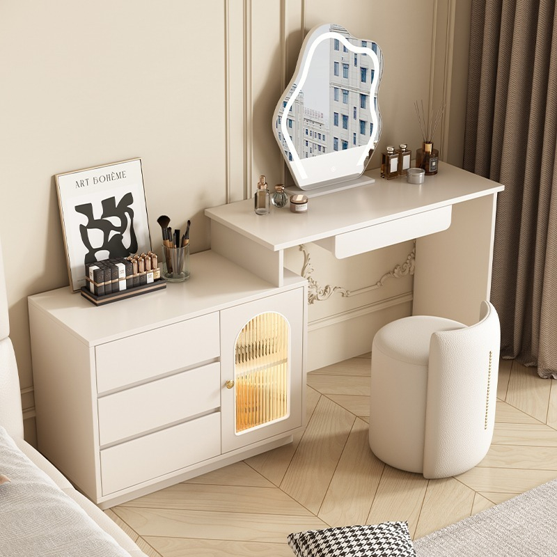 [Pre-order] 2025 New Cream-colored Wooden Dressing Table with Light, Compact Bedroom Makeup Desk and Writing Table Combo (1.0m + 0.8m, Cream Aesthetic)