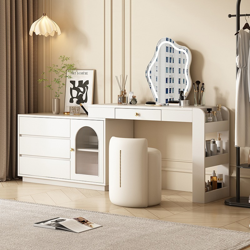 [Pre-order-BTO PACKAGE]2025 New Model (Cream Style) LED Vanity Dressing Table with Mirror, Compact Corner Makeup Desk and Study Table Combo for Small Bedrooms