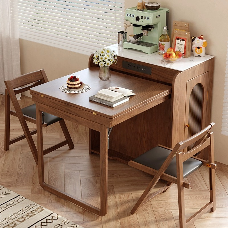 [Pre-order] Japanese solid wood dining table, island table, integrated household small unit, expandable rock plate dining table, multifunctional folding storage bar-Smart-Living