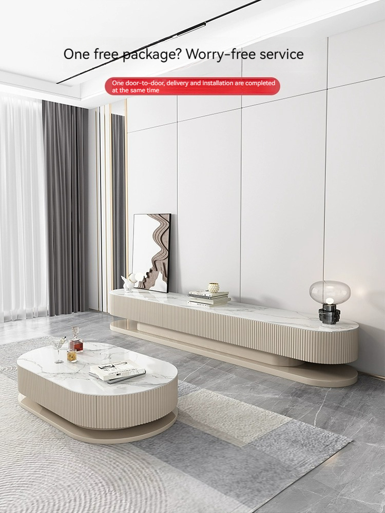 [Pre-order] Light luxury rock panel TV cabinet and coffee table combination of modern simple small apartment network red cream air floor TV cabinet-Smart-Living