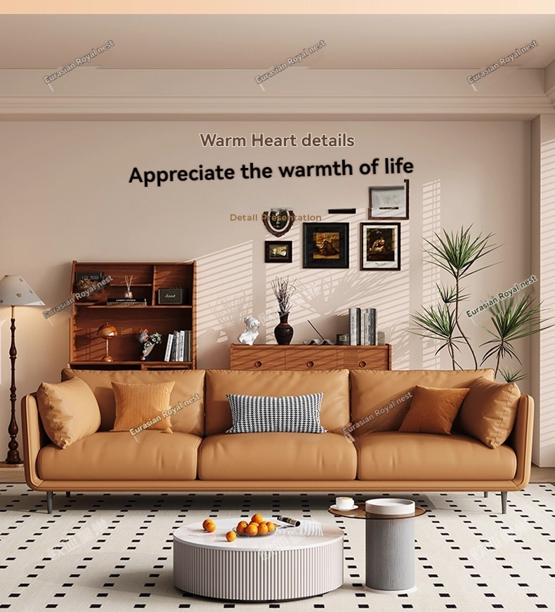 (PRE ORDER / BTO PACKAGE - OY - SOFA )European-Asian Royal Nest Italian Minimalist Genuine Leather Sofa - Straight Row Small Apartment Retro Leather Sofa, Living Room 2025 New Model