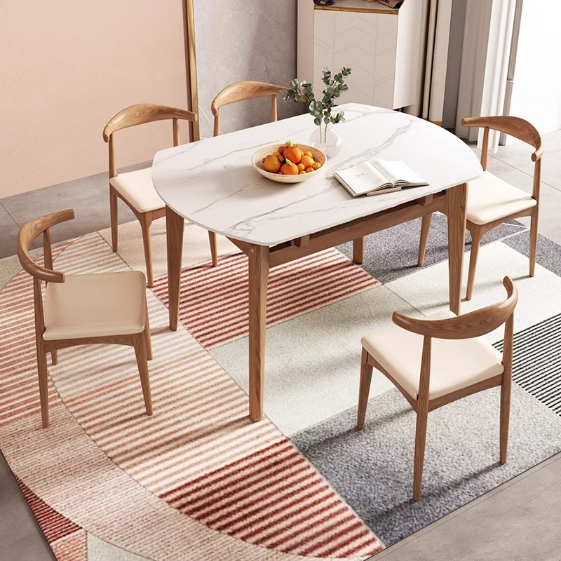 [Pre-order] Scandinavian folding rock plate dining table and chair combination modern simple household small household dining table retractable solid wood round table-Smart-Living