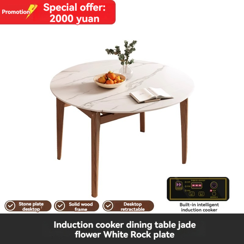 [Pre-order] Scandinavian folding rock plate dining table and chair combination modern simple household small household dining table retractable solid wood round table-Smart-Living