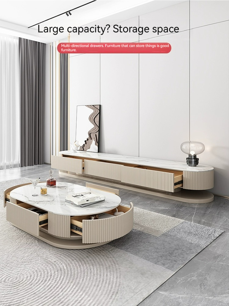 [Pre-order] Light luxury rock panel TV cabinet and coffee table combination of modern simple small apartment network red cream air floor TV cabinet-Smart-Living