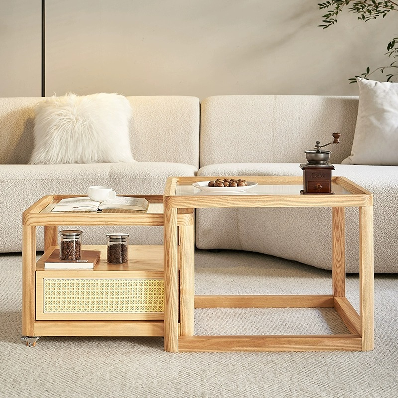 [Pre-order] LEMARS Changhong glass coffee table moving side table combination Nordic log style countertop ash net red square tea table-Smart-Living