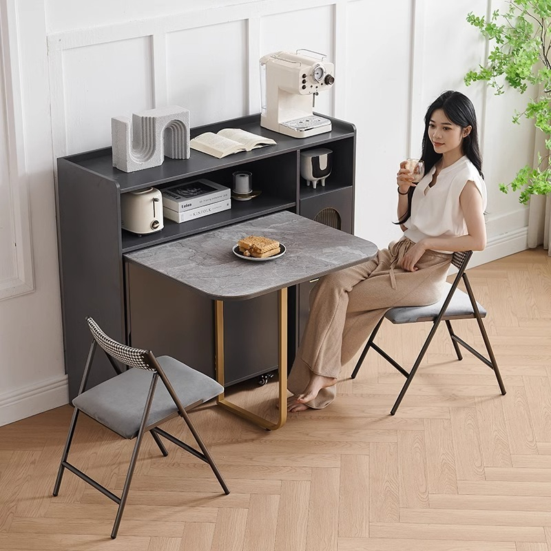 Rock panel folding dining table, simple and modern small household rectangular telescopic dining table, light luxury folding table-Smart-Living