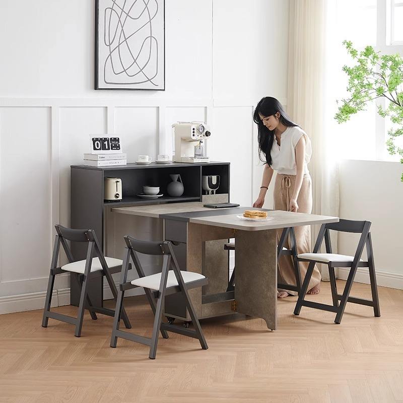 [Pre order] Wooden Folding Dining Table with Sideboard and Folding Stools For Small Household