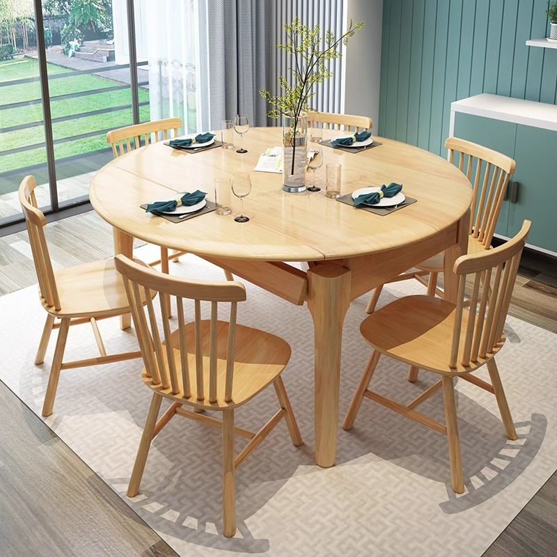 [Pre-order] All solid wood dining table and chairs Scandinavian simple modern retractable folding dining table household 4 people small dining table variable round table-Smart-Living