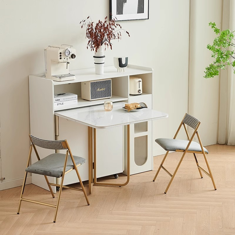 Solid wood rock panel folding dining table, glass wine cabinet, integrated small household, expandable rectangular dining folding table-Smart-Living