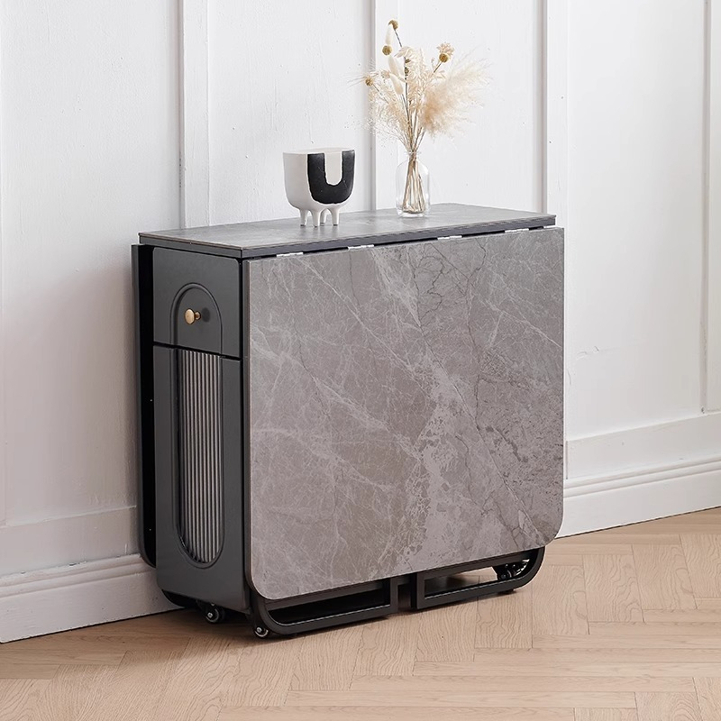 Solid wood folding dining table, glass door, wine cabinet, one piece, extendable, light luxury household small unit rectangular folding table-Smart-Living