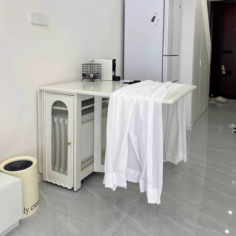 Full solid wood folding dining table, small unit, cream style, extendable rectangular dining table, multifunctional storage folding table-Smart-Living