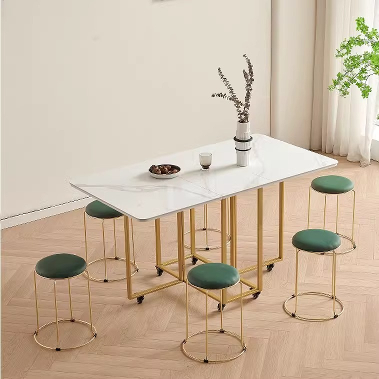 Light luxury folding dining table, small household, Nordic rectangular dining table, modern minimalist apartment, rock board folding table-Smart-Living