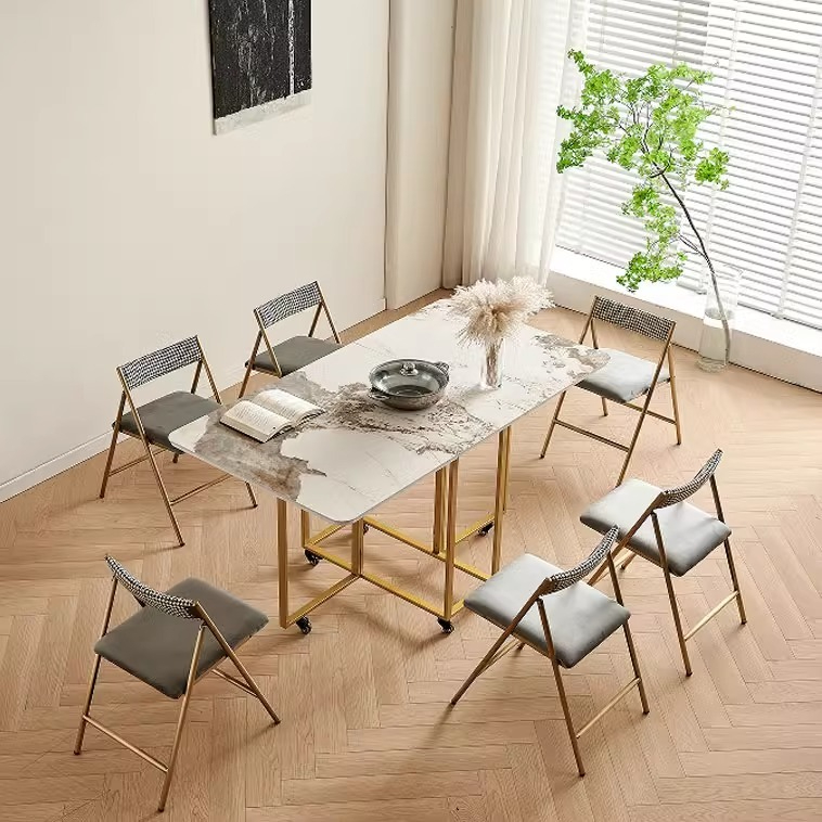 Light luxury folding dining table, small household marble rectangular dining table combination, modern and simple rock plate dining table-Smart-Living