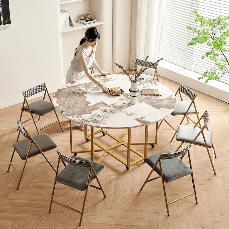 Small household foldable dining table, circular dining table, simple and storable dining table and chair combination, light luxury rock board round table-Smart-Living