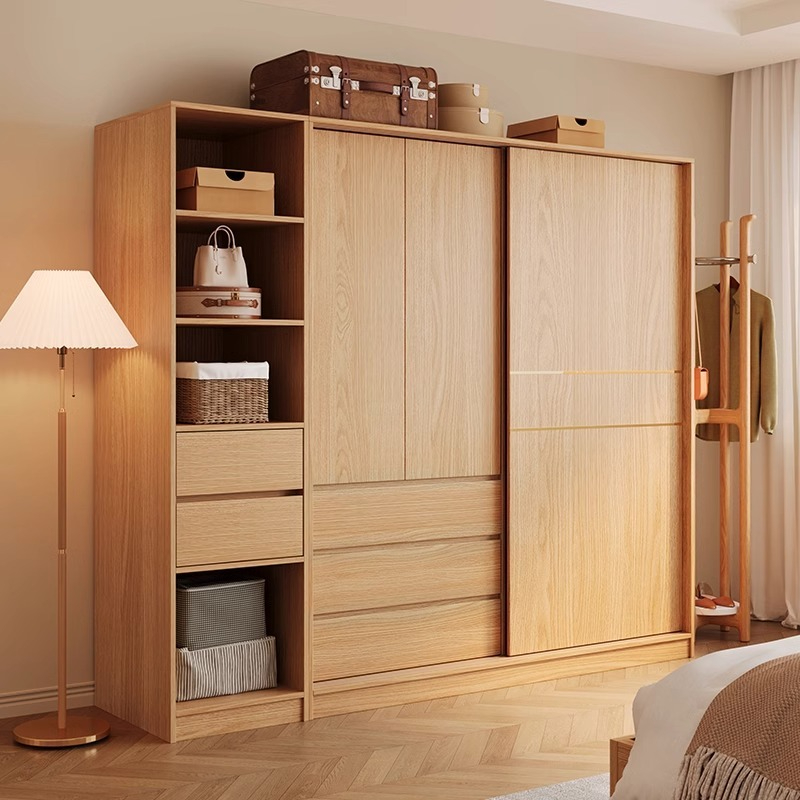 [Pre-order] Nordic sliding door wardrobe, bedroom, simple and small-sized household, sliding door, wooden style combination, Japanese style storage wardrobe-Smart-Living