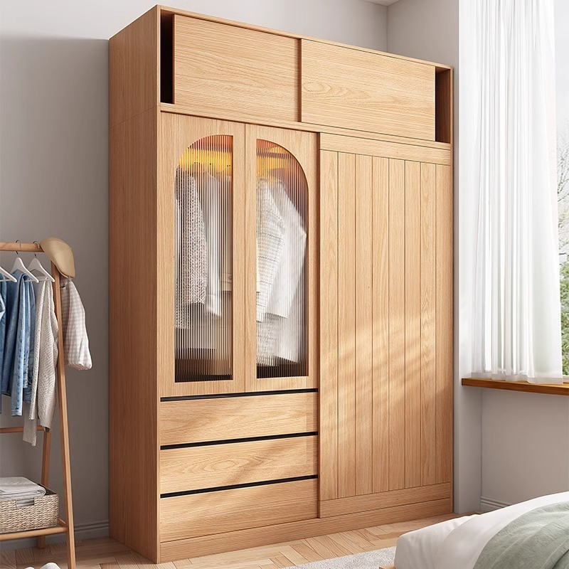 [Pre-order] Wooden color sliding door wardrobe, home bedroom, small apartment, modern simple retro style, sliding door storage cabinet, wardrobe-Smart-Living