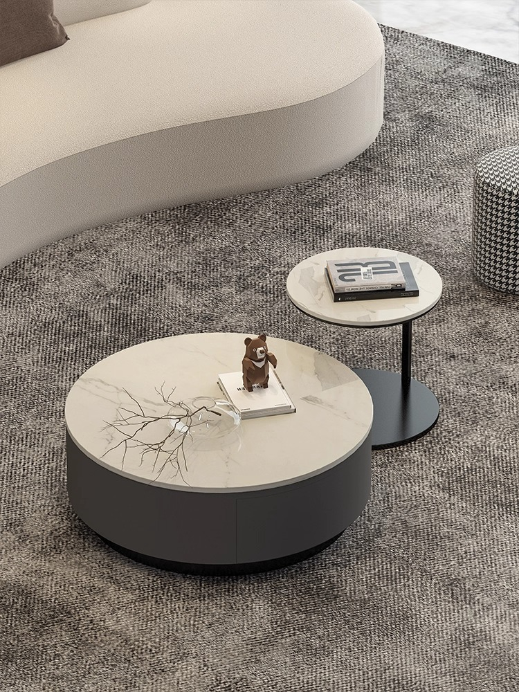 PRE ORDER / BTO PACKAGE - VR - Coffee Table - FD-612 Italian-style sintered stone round combination coffee table with drawers, modern minimalist living room, compact home creative movable side table