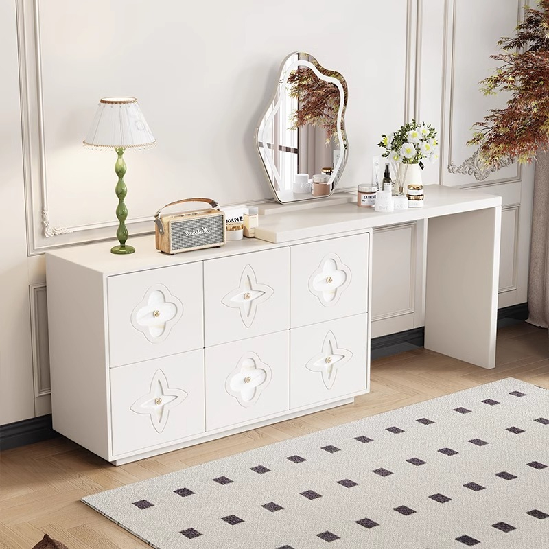 [Pre-order] Solid wood dressing table storage cabinet integrated cream style bedroom storage bucket modern simple bedside cabinet storage cabinet-Smart-Living