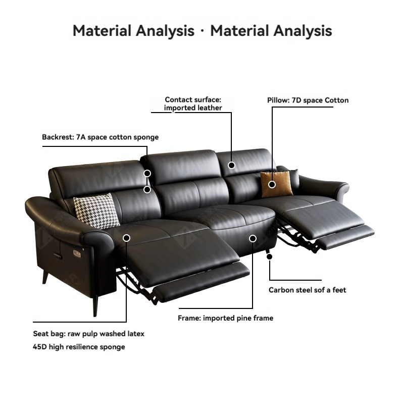 [Pre-order] Italian minimalist leather sofa, living room with zero wall support, multifunctional electric sofa, straight three seater black sofa-Smart-Living