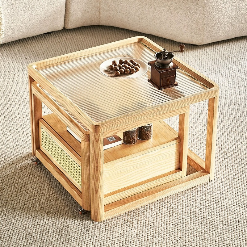 [Pre-order] LEMARS Changhong glass coffee table moving side table combination Nordic log style countertop ash net red square tea table-Smart-Living