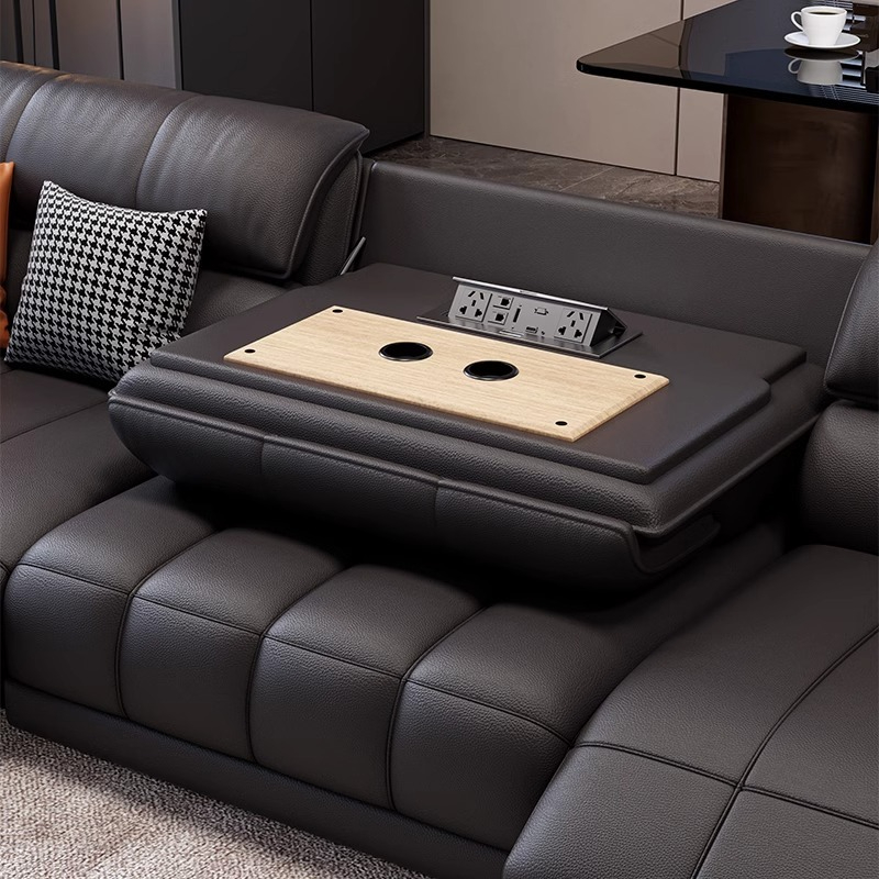 [Pre-order] 2024 New leather functional electric sofa Italian style straight row small unit top layer cowhide zero wall black sofa-Smart-Living