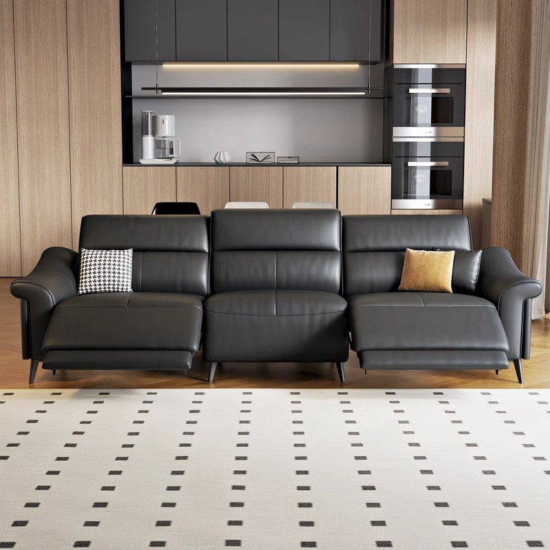 [Pre-order] Italian minimalist leather sofa, living room with zero wall support, multifunctional electric sofa, straight three seater black sofa-Smart-Living