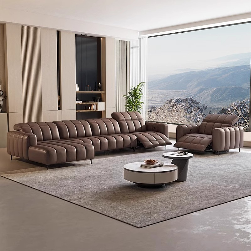[Pre-order] Minimalist electric function sofa, minimalist top layer leather, multifunctional straight row sofa, light luxury, adjustable for home living room-Smart-Living