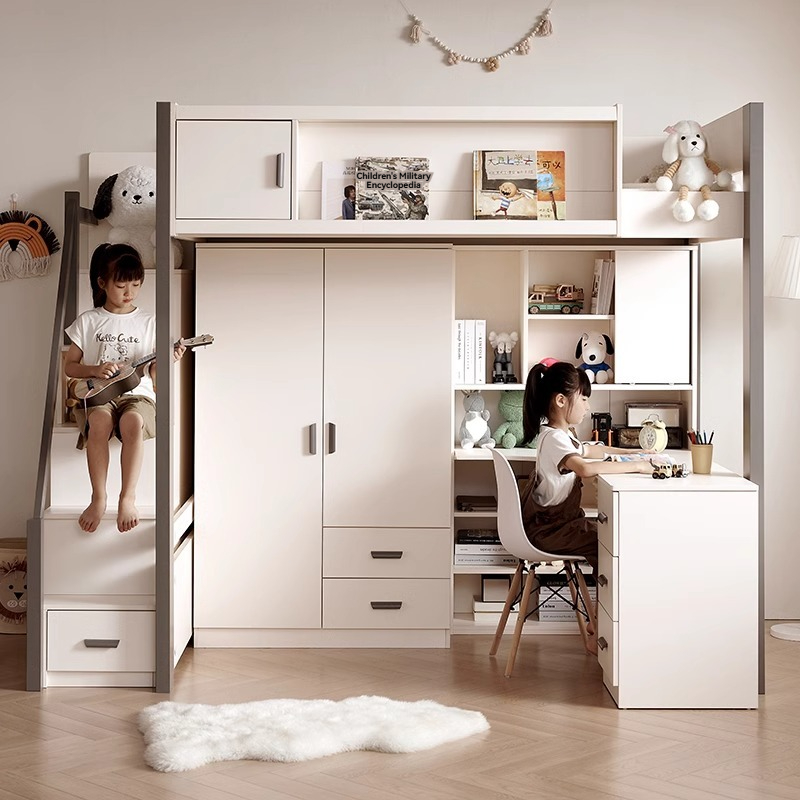 [Pre-order] Cream style solid wood bed and table combination for small household use, including high and low beds for students and children, and a desk with a bunk bed underneath-Smart-Living