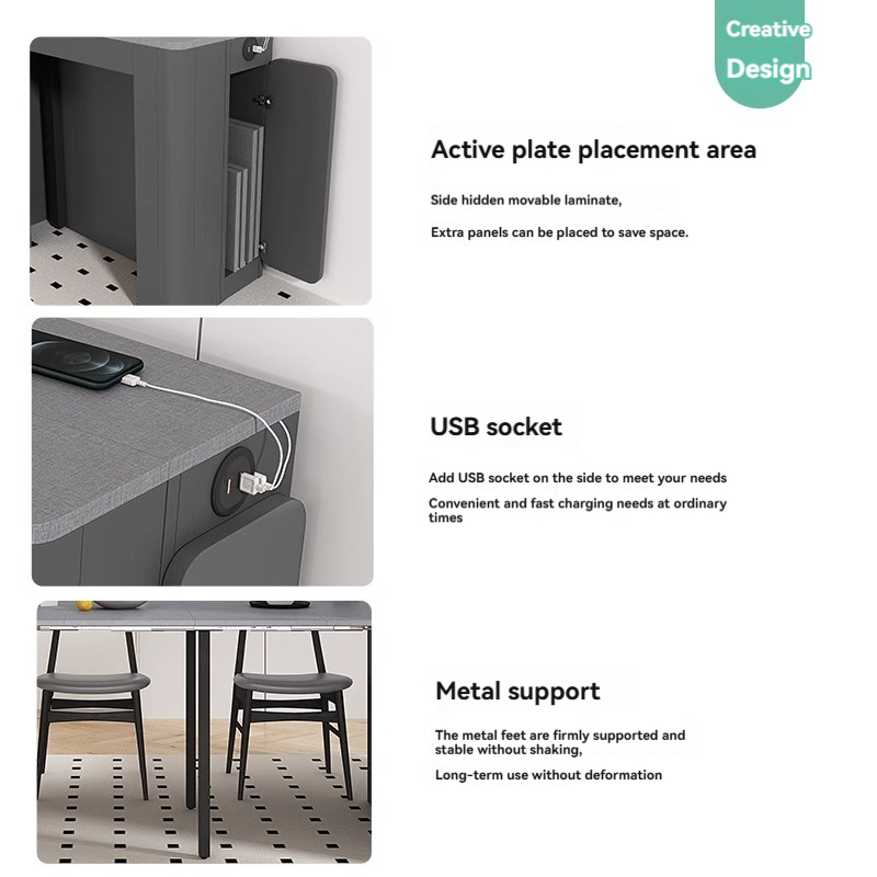 [Pre-order] Scalable and foldable rock slab dining table, dining chair, side cabinet combination, small-sized household solid wood space saving dining table-Smart-Living