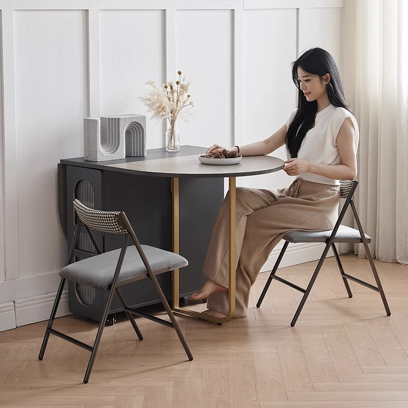 Solid wood folding dining table, integrated dining edge cabinet, small unit, light luxury style, multifunctional, movable dining rock board folding table-Smart-Living