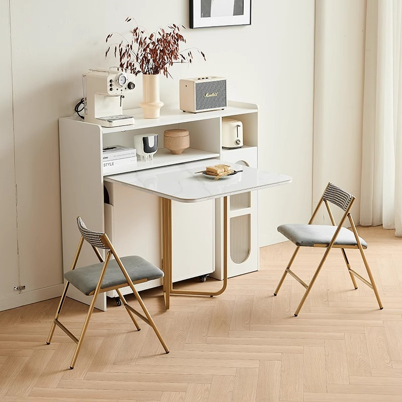 Light luxury rock panel folding dining table integrated multifunctional wine cabinet for small household use, expandable rectangular dining table-Smart-Living