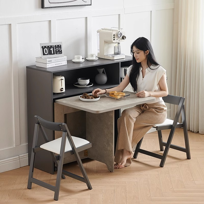 [Pre order] Wooden Folding Dining Table with Sideboard and Folding Stools For Small Household