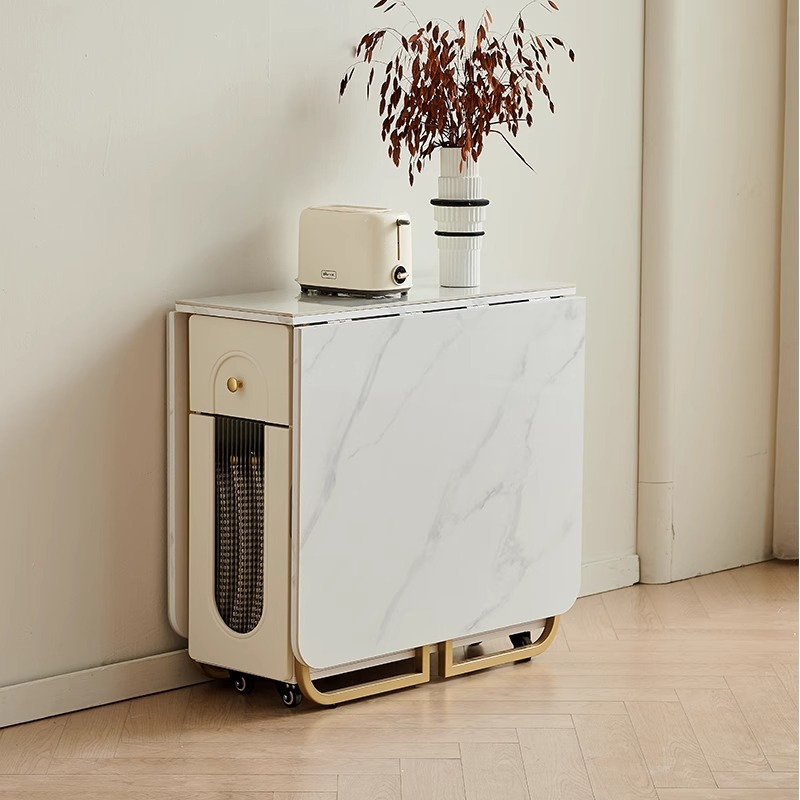 Solid wood rock panel folding dining table, glass wine cabinet, integrated small household, expandable rectangular dining folding table-Smart-Living