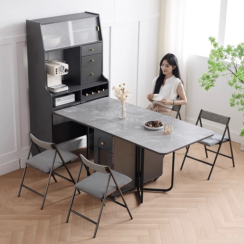 Solid wood folding dining table, glass door, wine cabinet, one piece, extendable, light luxury household small unit rectangular folding table-Smart-Living