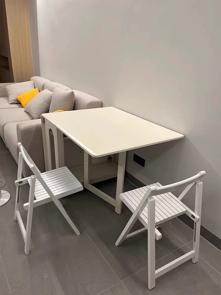 Full solid wood folding dining table, small unit, cream style, extendable rectangular dining table, multifunctional storage folding table-Smart-Living