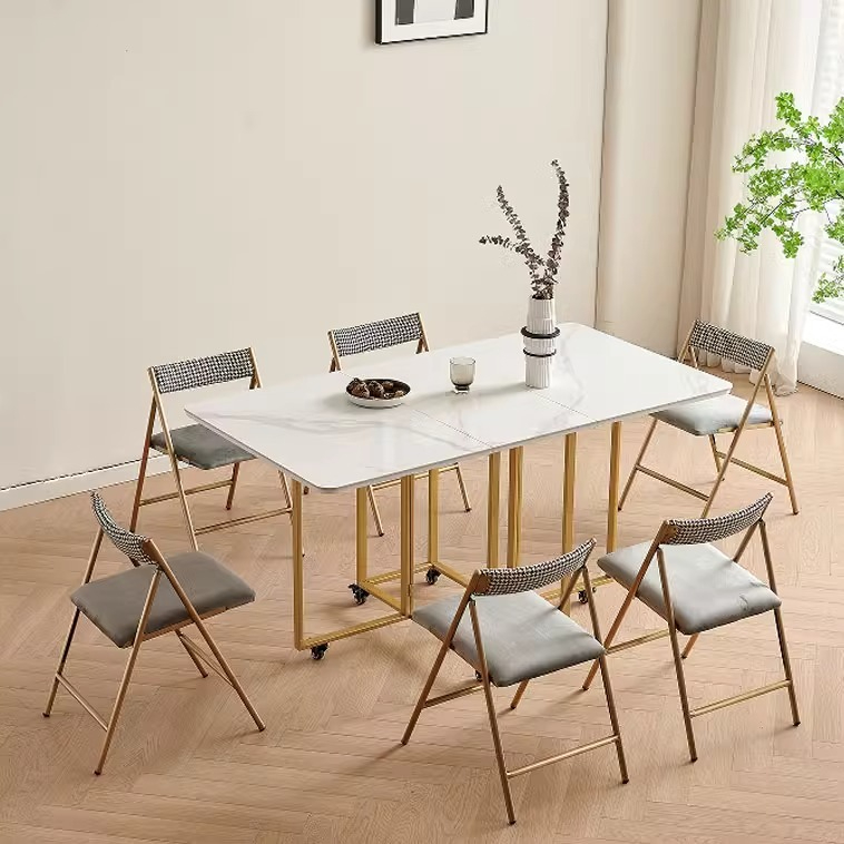 Light luxury folding dining table, small household, Nordic rectangular dining table, modern minimalist apartment, rock board folding table-Smart-Living