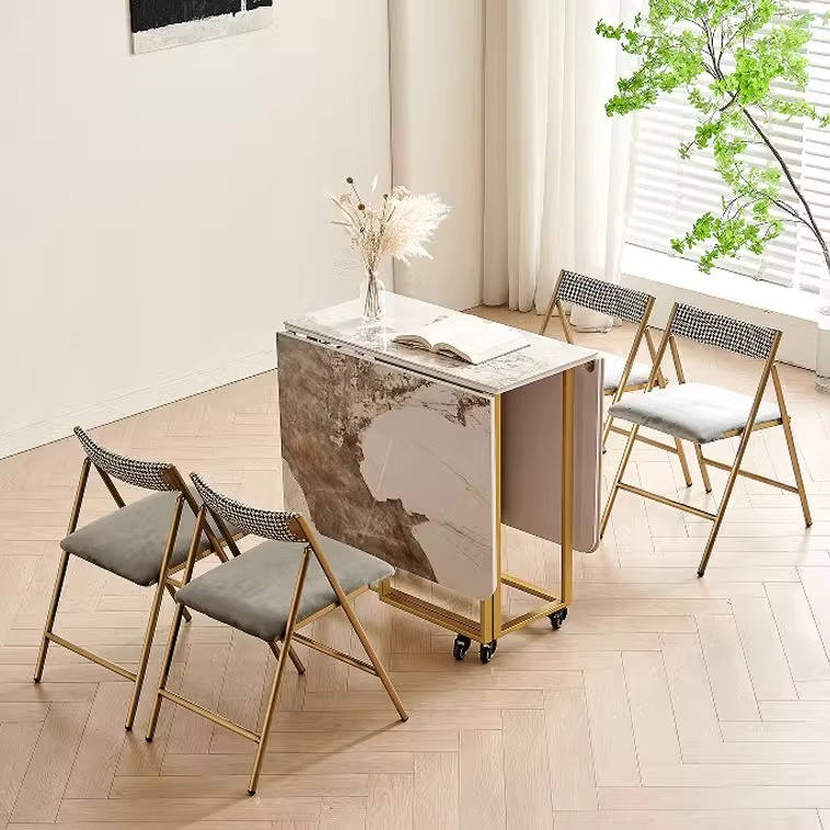 Light luxury folding dining table, small household marble rectangular dining table combination, modern and simple rock plate dining table-Smart-Living
