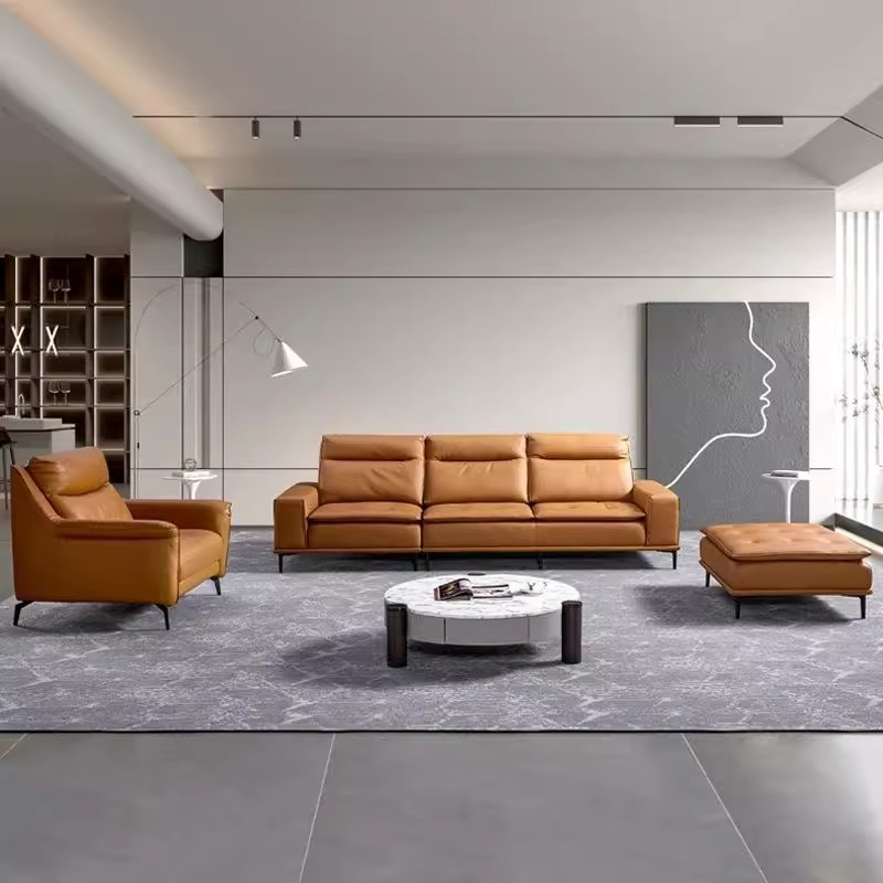 PRE ORDER / BTO PACKAGE - VR - SOFA - FD-146 Italian Minimalist Genuine Leather Sofa – Modern Simple Living Room Set, Compact/Small Apartment Combination, Straight-row High-back Cowhide Sofa