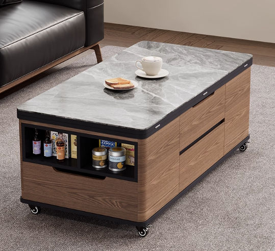 PRE ORDER / BTO PACKAGE - VR - Coffee table -9019# Movable Lift-Top Coffee Dining Table 2-in-1 with Stools – Space-Saving Multi-Functional Furniture for Small Apartments, Made with Stone Panel